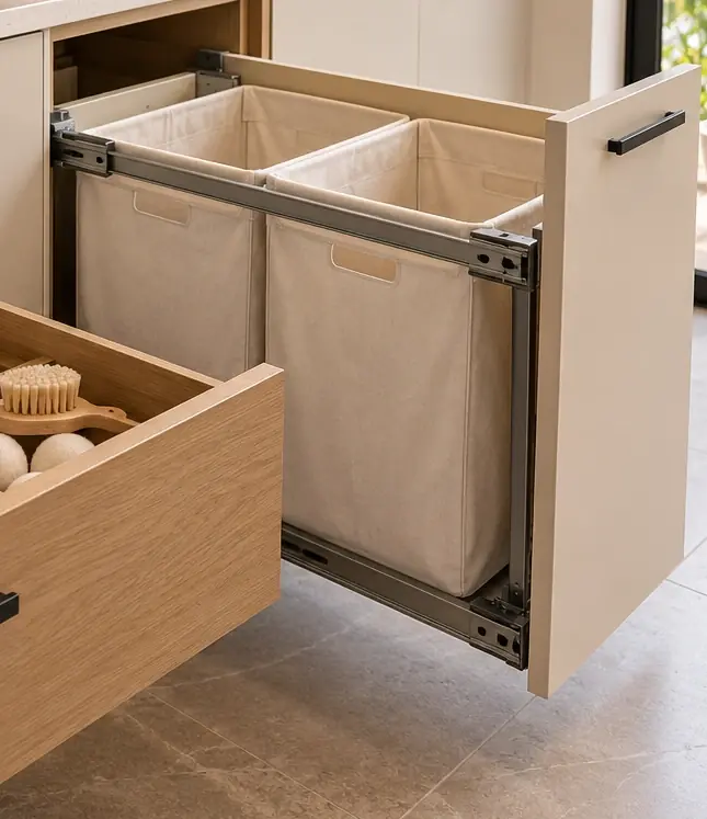 Concealed pull-out fabric laundry baskets