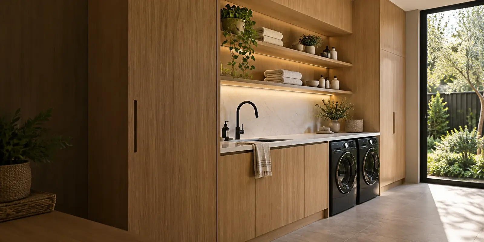 Custom oak laundry cabinetry with stone benchtops, black appliances and warm integrated lighting