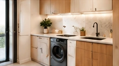 Custom laundry with oak cabinets, stone benchtop and integrated appliances
