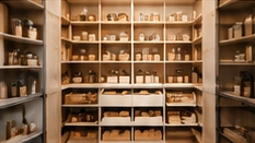Walk-in pantry with warm timber shelves and organised storage