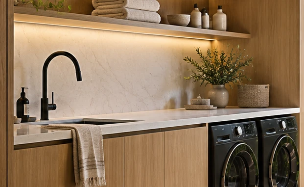 Black tap and white stone benchtop