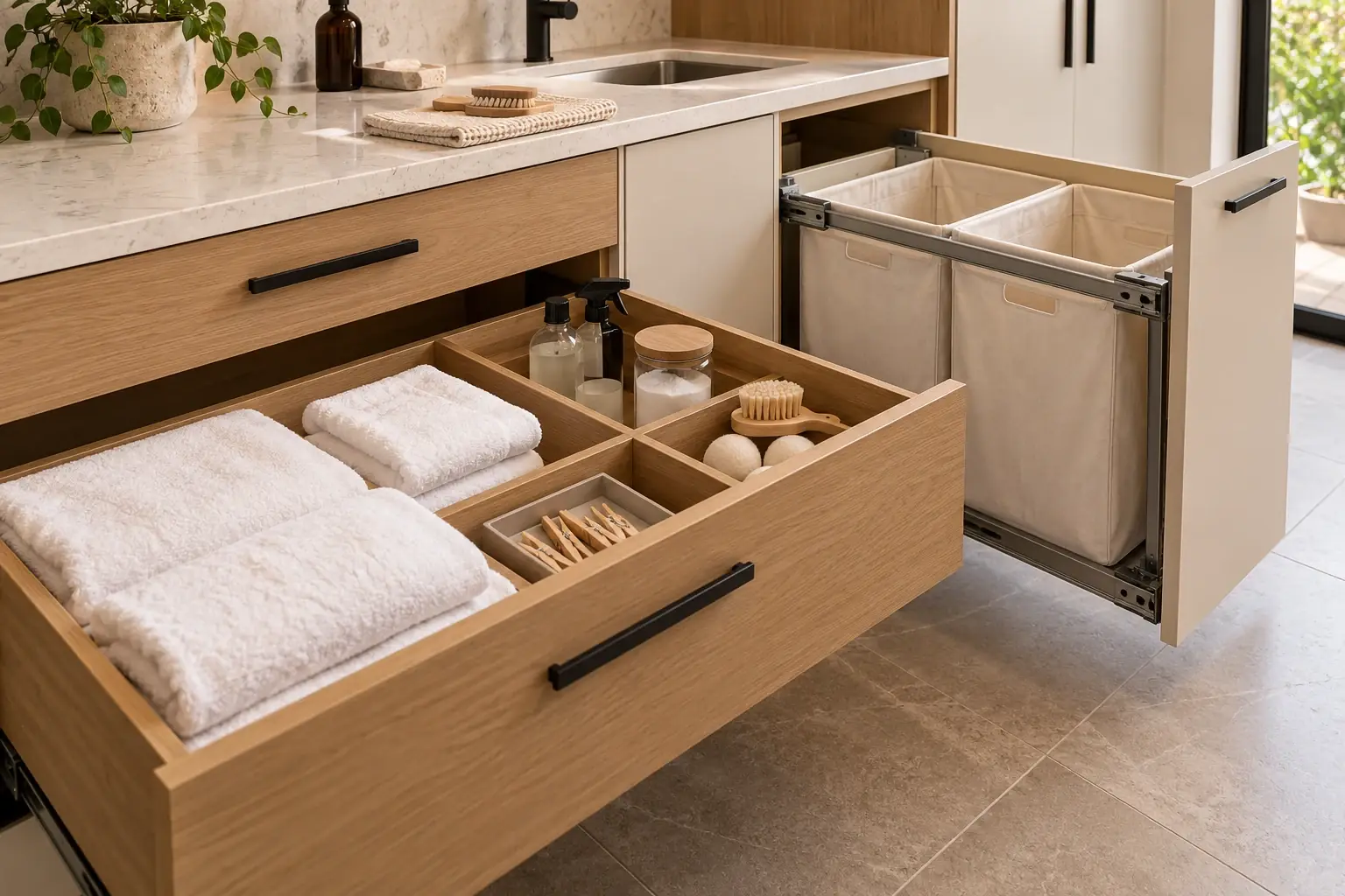 Custom laundry drawer and basket storage inspiration