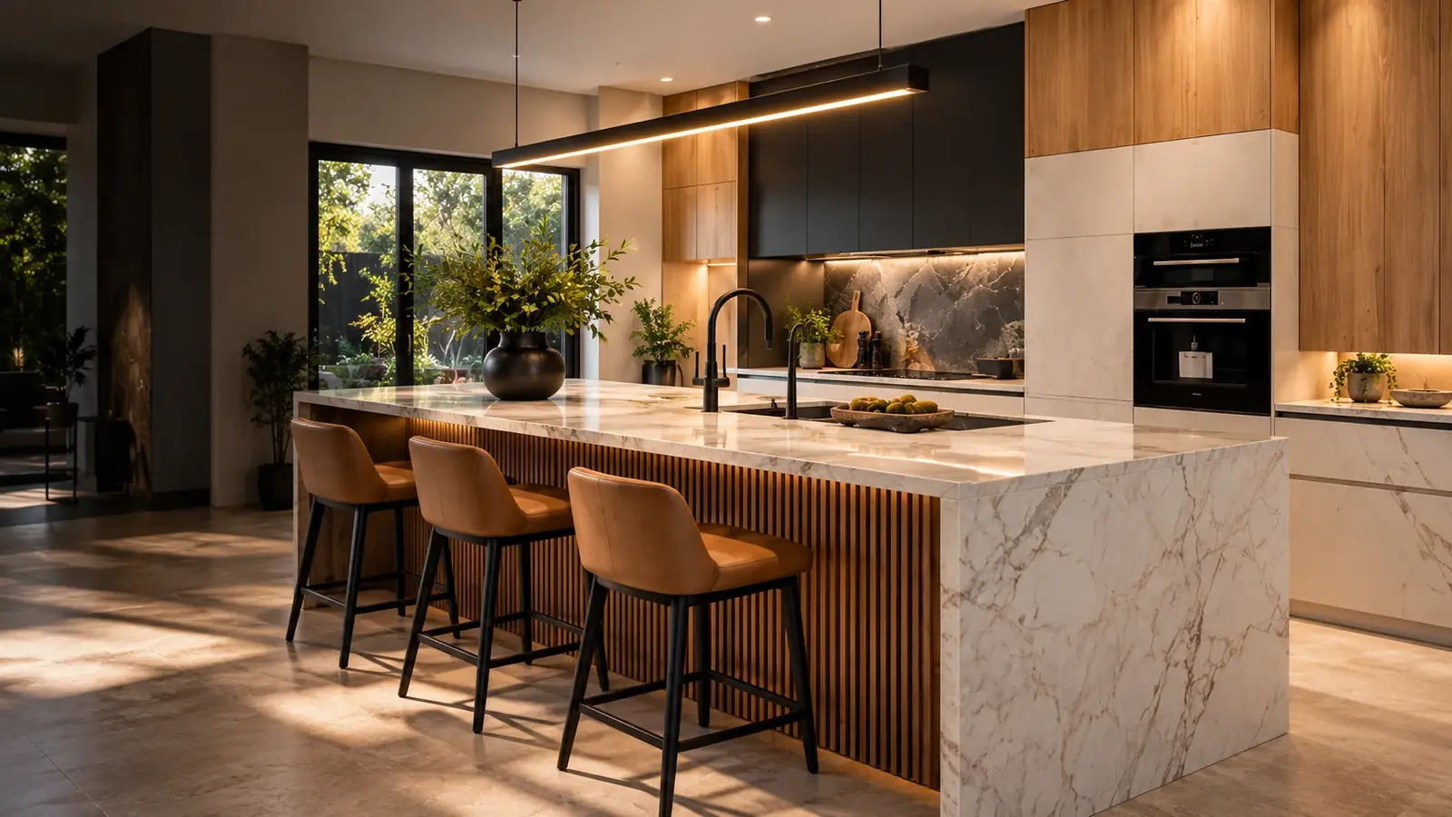 Oak and charcoal kitchen cabinetry with a veined marble island and warm architectural lighting