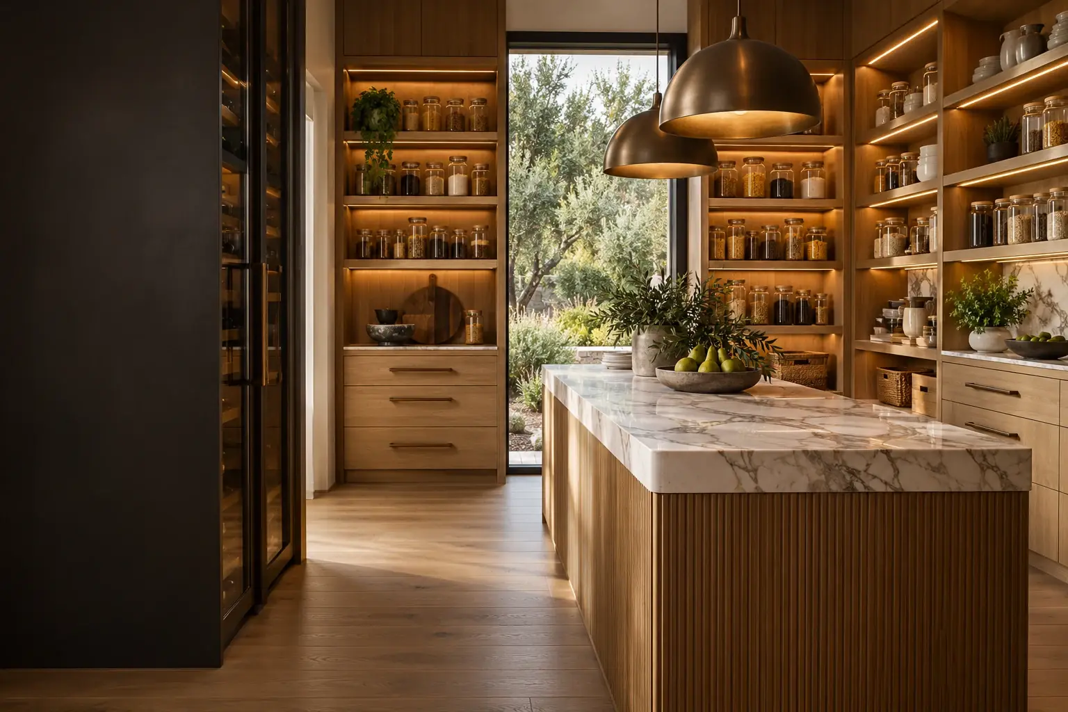 Custom oak pantry cabinetry with stone benchtops, organised shelving and warm integrated lighting