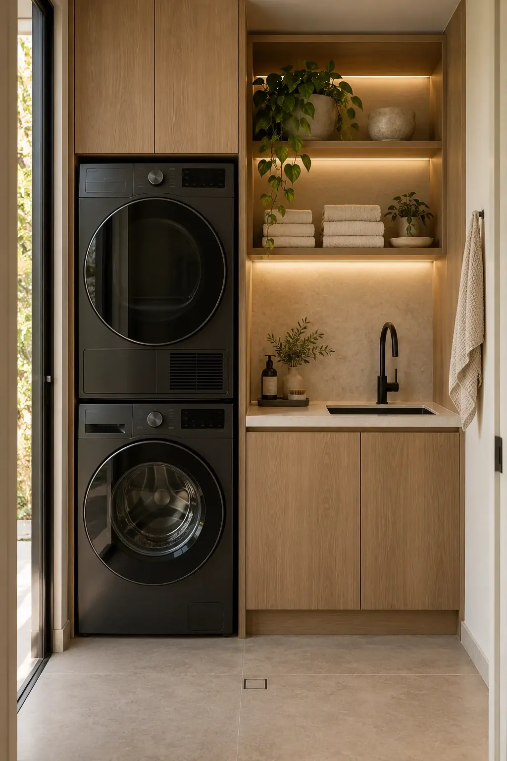 Compact laundry with stacked black appliances and oak cabinetry