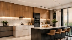Contemporary custom kitchen in warm oak with a marble island
