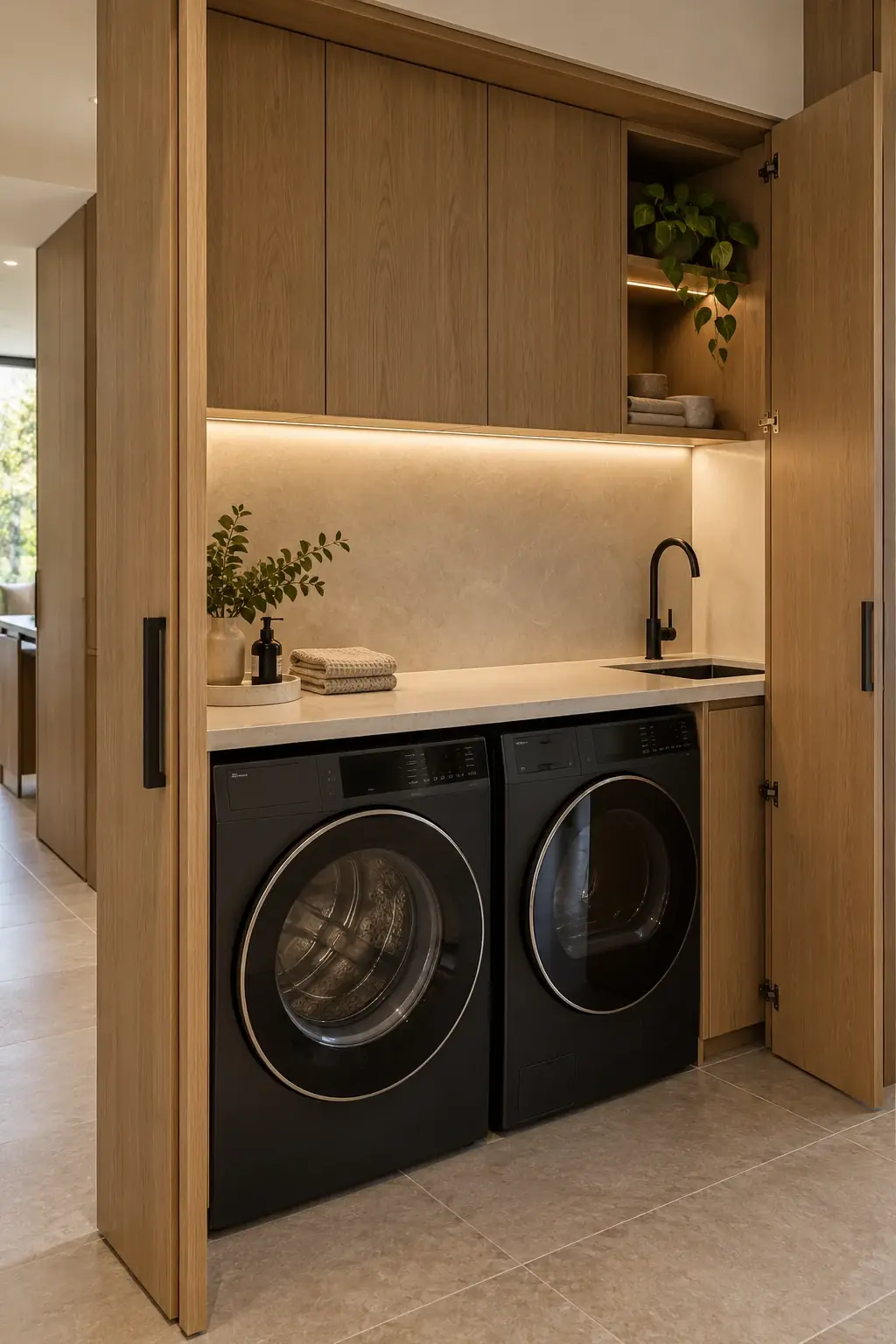 Integrated laundry design with warm oak cabinetry and concealed appliances