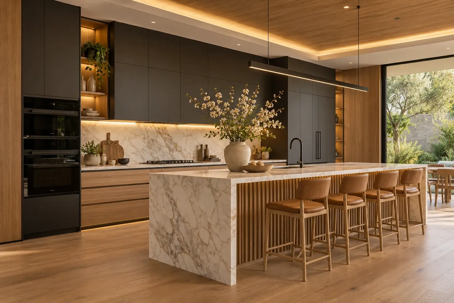Sunlit oak kitchen with a veined stone island and warm pendant lighting