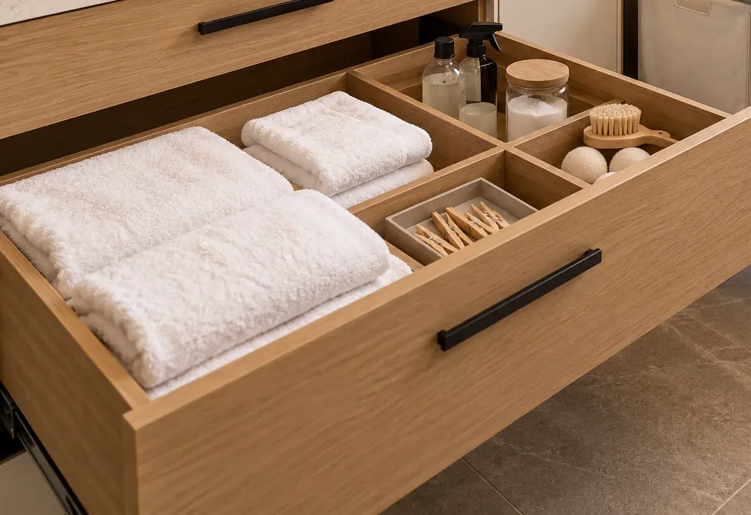 Organised oak drawer with folded towels and laundry essentials