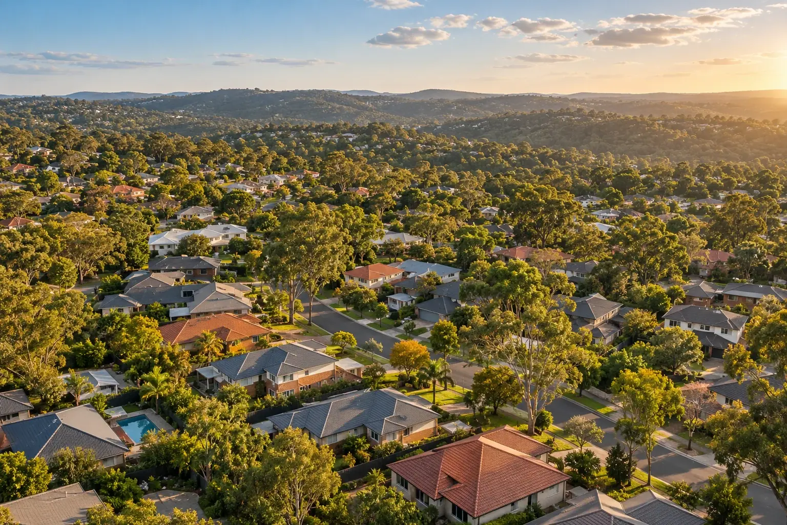 Illustrative aerial-style landscape of a leafy Australian residential neighbourhood